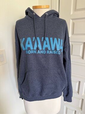 Jerzees Navy Hoodie Sweatshirt Light Blue Ka'awāna Born and Raised Hawaii